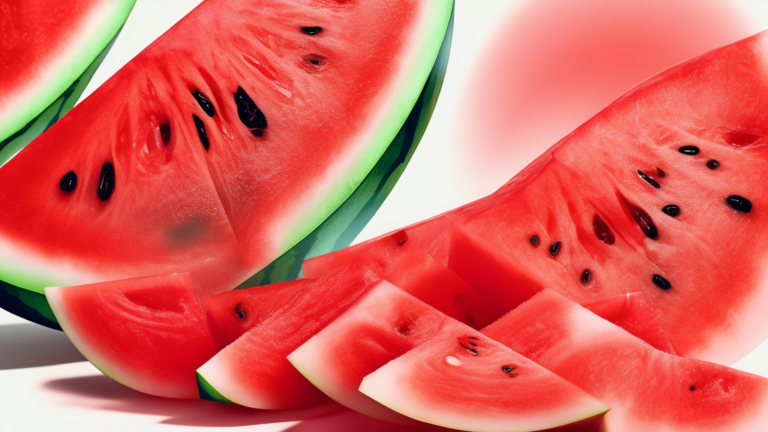 DALL-E Prompt: A close-up shot of a vibrant red watermelon slice, glistening with freshness and dripping with juice, placed on a white background next to a smartphone displaying an online grocery shop