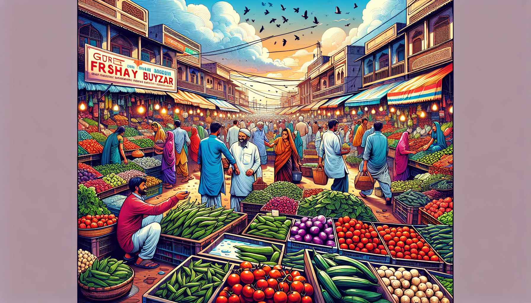 DALL-E Prompt:nA colorful, bustling outdoor vegetable market in an Indian neighborhood, with a banner displaying Fresh Buyzar prominently featured. Shoppers are happily browsing through fresh, vibrant