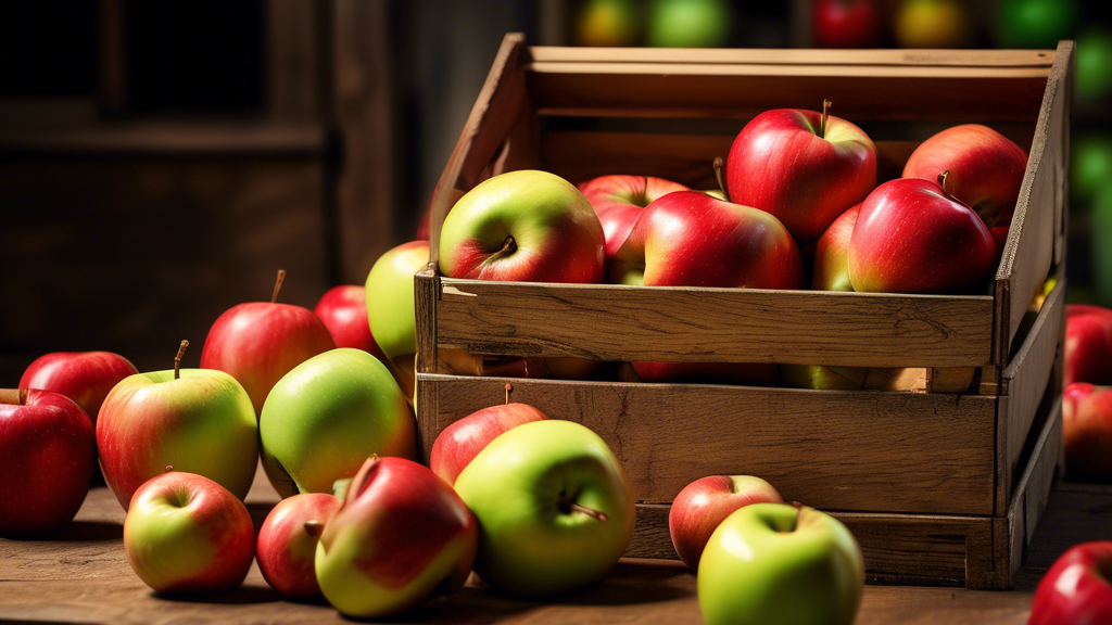 DALL-E Prompt:nA close-up shot of a wooden crate filled with vibrant red, green, and yellow apples, with a few apples spilling out onto a rustic wooden table. In the background, there is a blurred ima