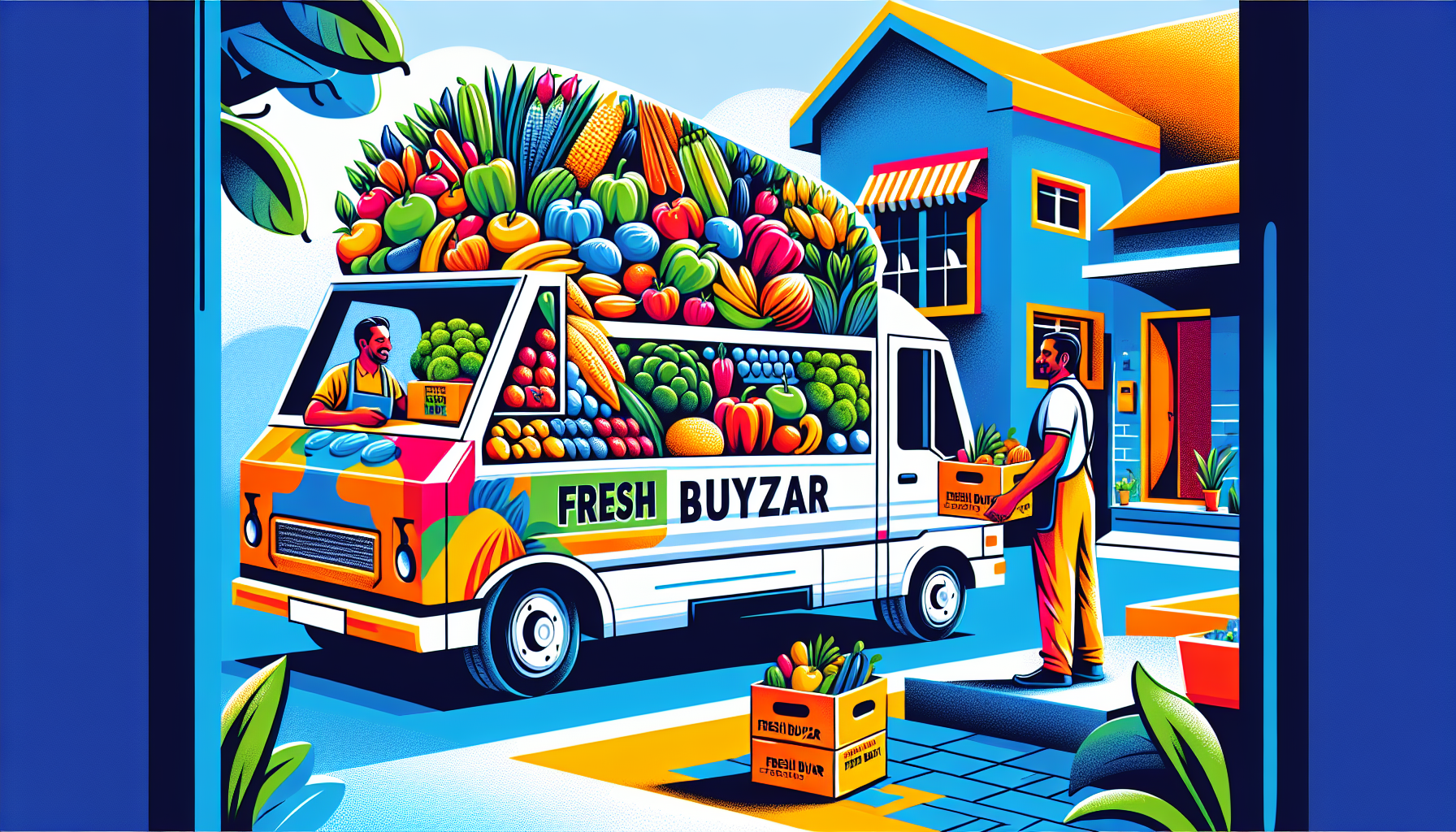 DALL-E Prompt: A colorful, modern delivery truck with Fresh Buyzar logo on the side, filled with fresh fruits and vegetables, parked in front of a residential building in Raj Nagar Extension, India, w