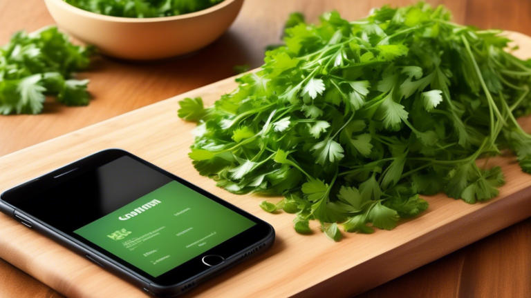 A high-resolution photograph of a wooden cutting board with a small pile of freshly chopped coriander leaves, a few whole coriander stems with leaves, and a smartphone or tablet device displaying an o