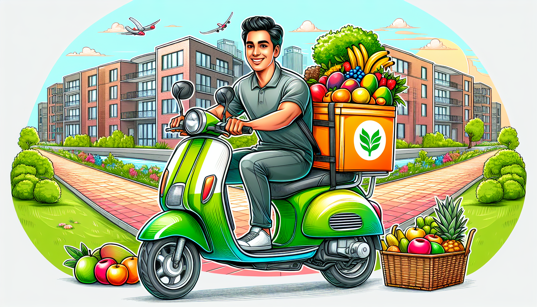 DALL-E Prompt:nA vibrant, colorful illustration depicting a smiling delivery person on a scooter, carrying a large basket filled with fresh, ripe fruits like mangoes, bananas, apples, and oranges. The