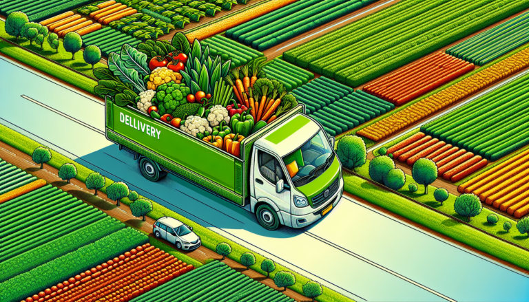 A colorful, aerial view of a delivery van driving through the vibrant, green fields of Noida, carrying a variety of fresh, crisp vegetables like leafy greens, ripe tomatoes, and crunchy carrots, symbo