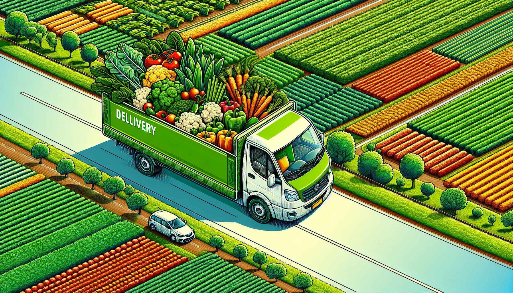 A colorful, aerial view of a delivery van driving through the vibrant, green fields of Noida, carrying a variety of fresh, crisp vegetables like leafy greens, ripe tomatoes, and crunchy carrots, symbo