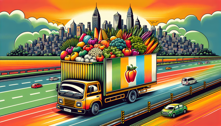 Prompt: A vibrant delivery truck with Fresh Buyzar logo, filled with colorful vegetables, driving on a highway from Ghaziabad to Greater Noida, with the city skyline visible in the background, represe