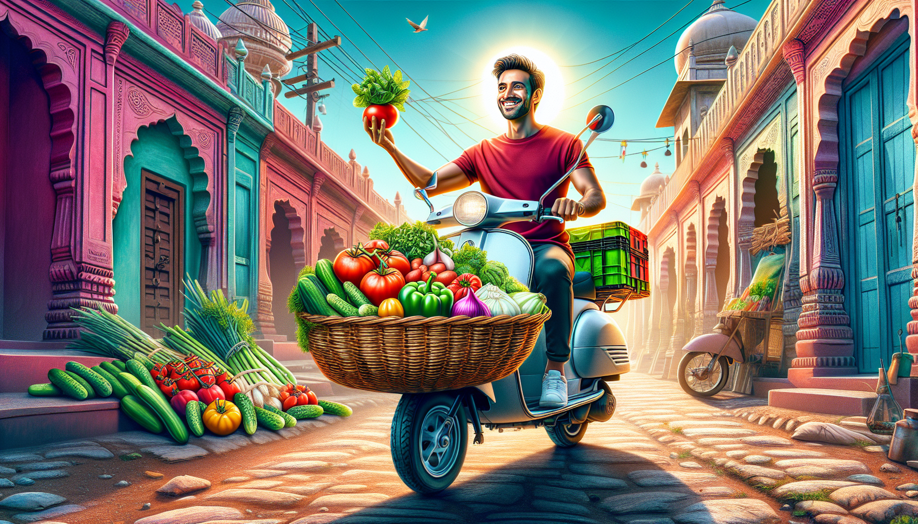 Prompt: A colorful, high-quality digital illustration featuring a delivery person on a scooter or bicycle with a basket filled with fresh, vibrant vegetables like tomatoes, cucumbers, and leafy greens