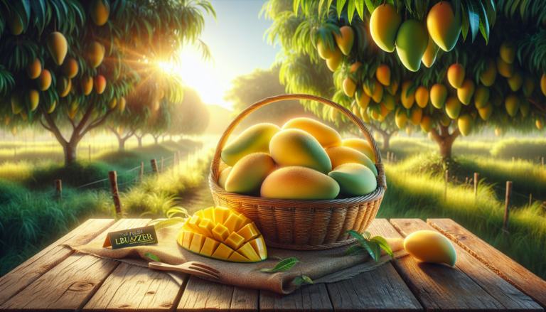 A vibrant, photorealistic image of a rustic wooden table outdoors, with a woven basket filled to the brim with ripe, golden-yellow mangoes. The mangoes are fresh and glistening, some sliced open to re