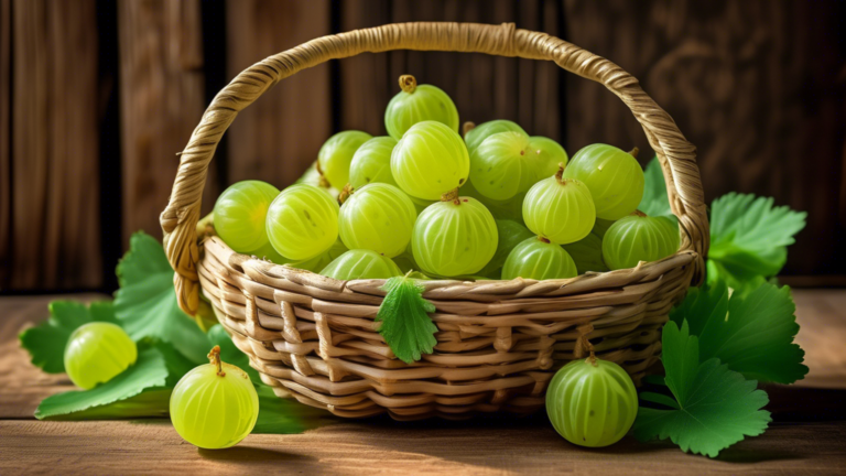 A high-quality, close-up photograph of a cluster of vibrant green amla fruits (Indian gooseberries) with fresh leaves, arranged in a woven basket, set against a rustic wooden background. The image sho