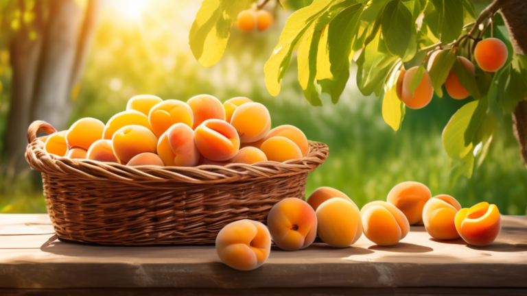 A photo of a rustic wooden table outdoors, with a wicker basket overflowing with ripe, fresh apricots. The apricots are a vibrant orange-yellow color with a slight blush. Sunlight is filtering through