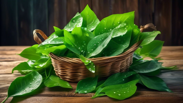 Prompt: A vibrant bunch of fresh, green arbi leaves with water droplets on their surface, placed in a woven basket on a rustic wooden table, showcasing their natural beauty and nutritional value, read