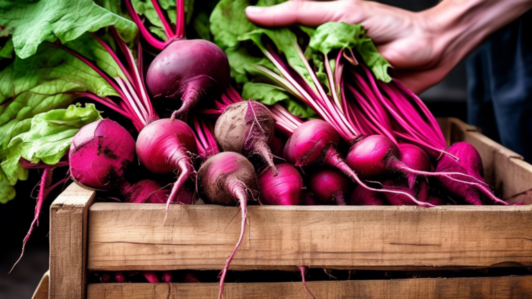 DALL-E Prompt: A close-up shot of a wooden crate filled with freshly harvested beetroots, their vibrant purple and red hues contrasting against the rustic wood. A hand is reaching into the crate, hold