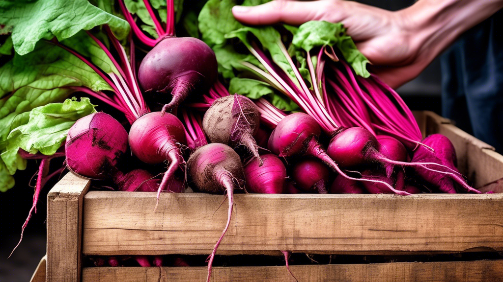 DALL-E Prompt: A close-up shot of a wooden crate filled with freshly harvested beetroots, their vibrant purple and red hues contrasting against the rustic wood. A hand is reaching into the crate, hold