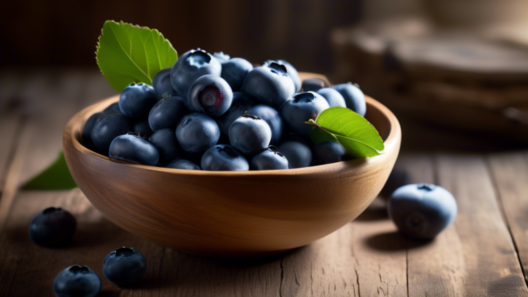 Prompt: A close-up shot of a wooden bowl filled to the brim with plump, fresh blueberries, set on a rustic kitchen table. Soft natural light illuminates the berries, highlighting their deep blue color