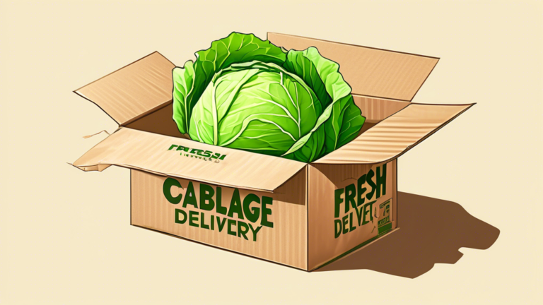 DALL-E Prompt: A vibrant green cabbage head with crisp outer leaves, sitting in an open cardboard delivery box filled with shredded paper packaging material. The box has a label that reads Fresh Cabba