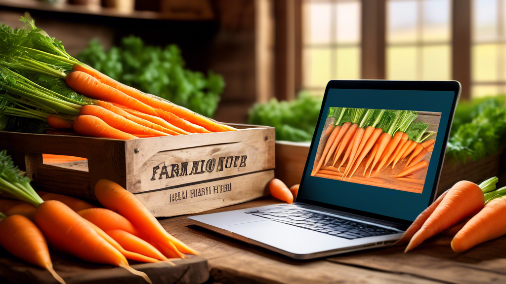 DALL-E Prompt: A vibrant and colorful close-up photograph of a wooden crate overflowing with fresh, crisp orange carrots, set against a rustic farmhouse kitchen backdrop with a laptop showing an onlin