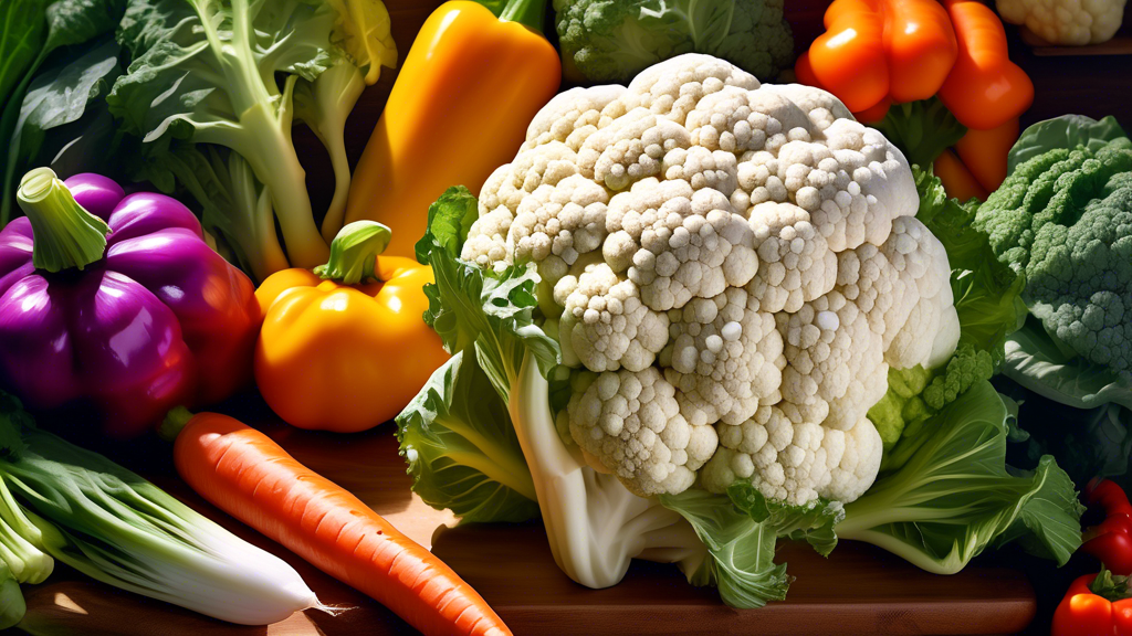 A close-up shot of a vibrant, fresh head of cauliflower, with water droplets glistening on its tightly packed white florets, placed on a wooden cutting board surrounded by various colorful vegetables