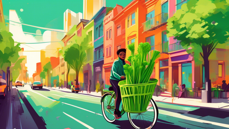 DALL-E Prompt: A delivery person on a bicycle, carrying a woven basket filled with fresh, crisp, bright green celery stalks, riding through a sunny, vibrant city street lined with colorful buildings a