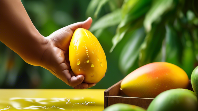 DALL-E Prompt:nA close-up shot of a hand holding a ripe, golden-yellow Chaunsa mango against a vibrant green background. The mango has a few water droplets on its smooth skin, emphasizing its freshnes