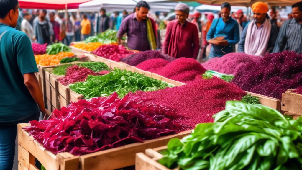 A bustling outdoor farmers market with colorful stands displaying various fresh vegetables. In the foreground, a close-up shot focuses on a rustic wooden crate overflowing with vibrant, deep red amara