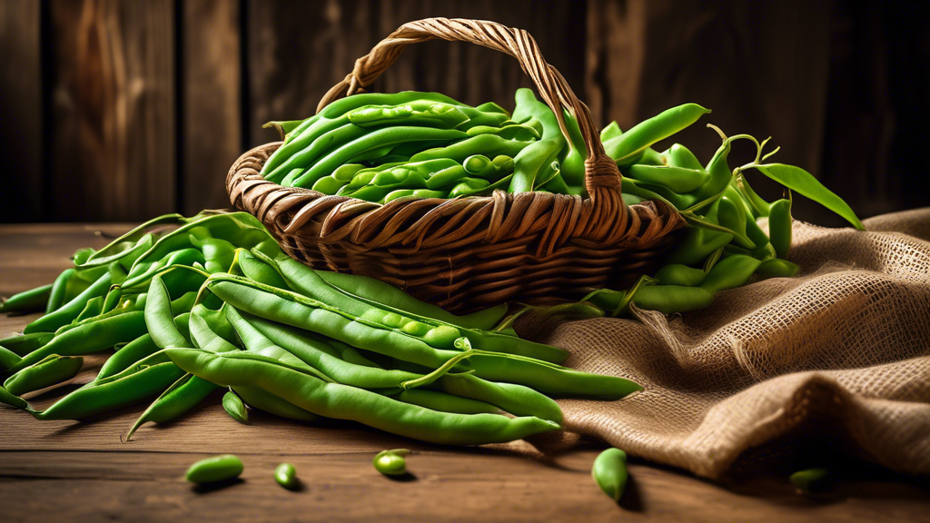 Prompt: A rustic wooden table with a basket overflowing with vibrant green cluster beans, also known as gavarfali. The beans are fresh and crisp, with a slight sheen. In the background, there are a fe