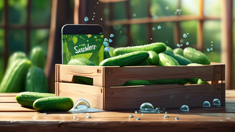 DALL-E Prompt:nA close-up shot of a wooden crate filled with fresh, green cucumbers, with water droplets on their surfaces. The crate is sitting on a rustic wooden table, with a bright, sunlit garden