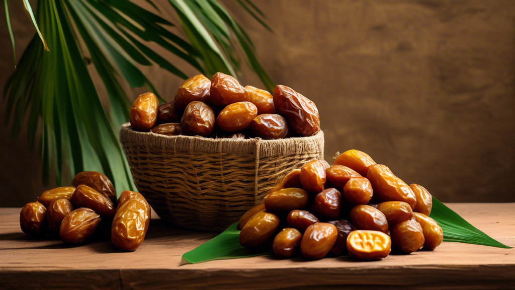 DALL-E Prompt:nA vibrant still life composition featuring a woven basket filled with ripe, golden-brown dates on a rustic wooden table. The basket is garnished with green date palm leaves, showcasing