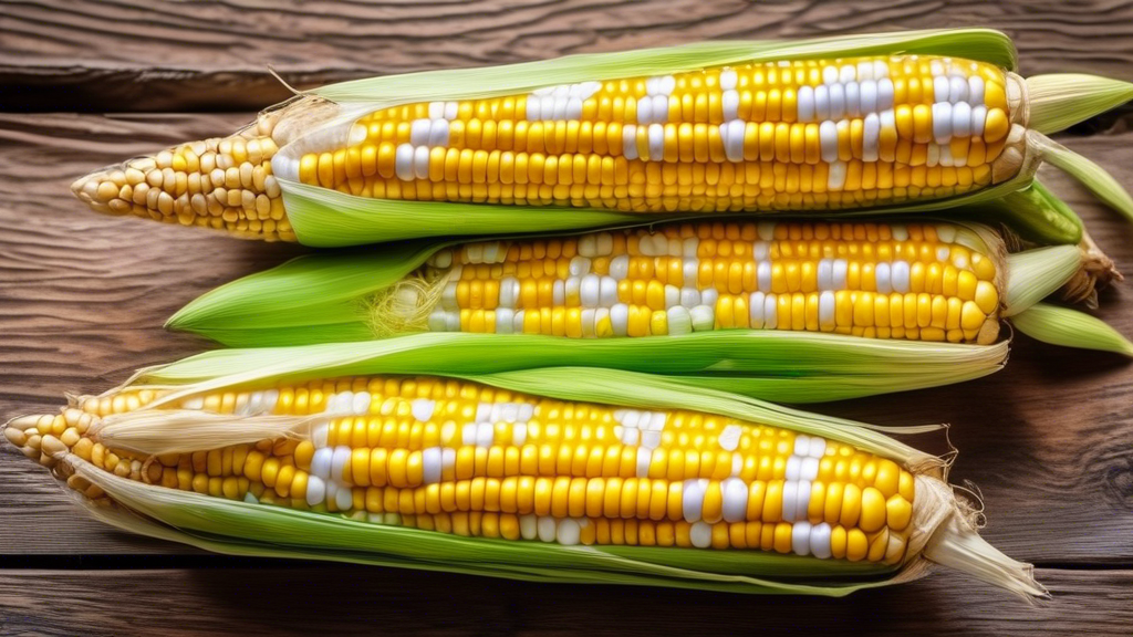 Prompt: A close-up shot of fresh, vibrant yellow and white desi bhutta corn cobs, with green husks pulled back, arranged on a rustic wooden table. The corn kernels should appear plump, juicy, and glis