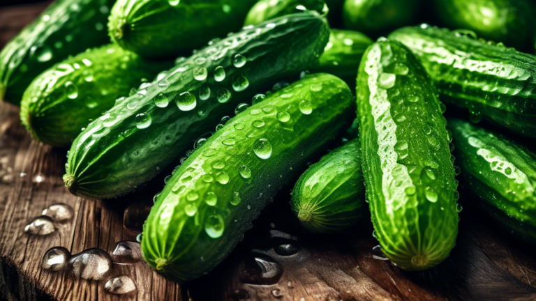 DALL-E Prompt: A close-up photo of a pile of fresh, bright green desi cucumbers with water droplets on their skin, set against a rustic wooden background. The image should evoke a sense of crispness,