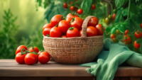DALL-E prompt: A vibrant still life featuring a woven basket overflowing with ripe, juicy, bright red desi tomatoes, set against a rustic wooden table with a soft focus green garden backdrop, showcasi