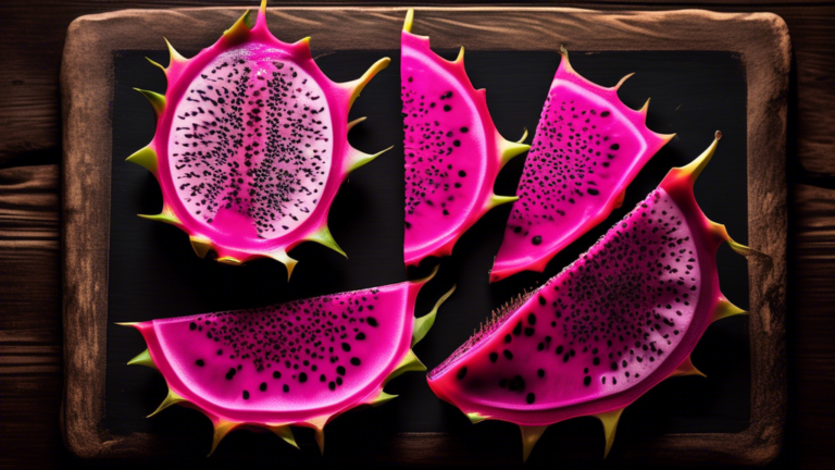 Prompt: A vibrant still life of exotic dragon fruit slices arranged artfully on a rustic wooden table, showcasing the fruit's bright magenta skin with green scales and white flesh speckled with black