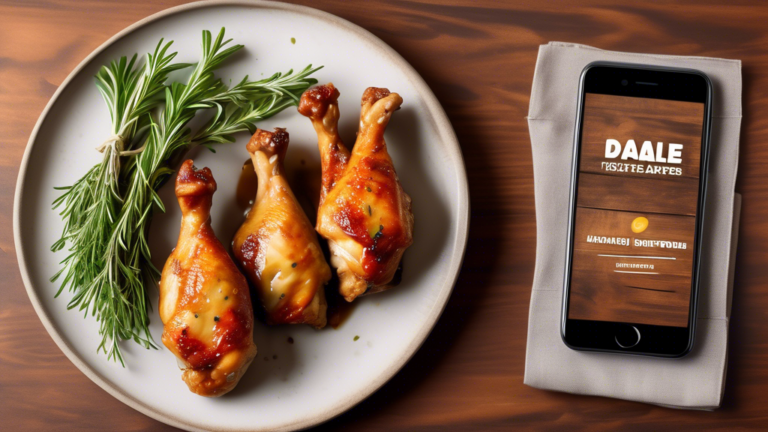 DALL-E Prompt:nA rustic wooden table with a plate of fresh, golden-brown chicken drumsticks, garnished with sprigs of fresh herbs like rosemary and thyme. A smartphone is placed next to the plate, dis