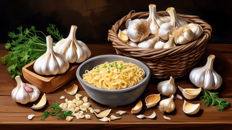 Prompt: A rustic wooden table with a woven basket overflowing with fresh, whole garlic bulbs. Scattered around the basket are a few cloves of peeled garlic, a wooden cutting board with minced garlic,