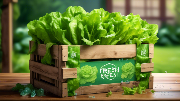 DALL-E Prompt:nA close-up view of a wooden crate filled with vibrant, fresh green lettuce heads, with water droplets glistening on the crisp leaves. The crate is set on a rustic wooden table, with a b