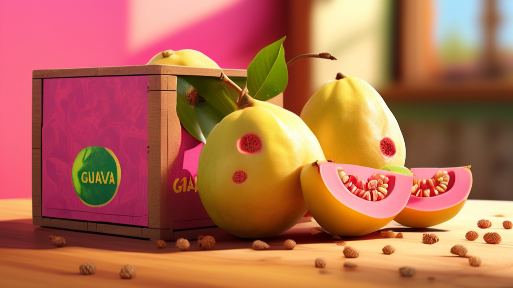 DALL-E prompt: A close-up shot of a ripe, yellow guava cut in half, revealing its vibrant pink flesh filled with small seeds, placed on a rustic wooden table next to a delivery box with a fresh guava