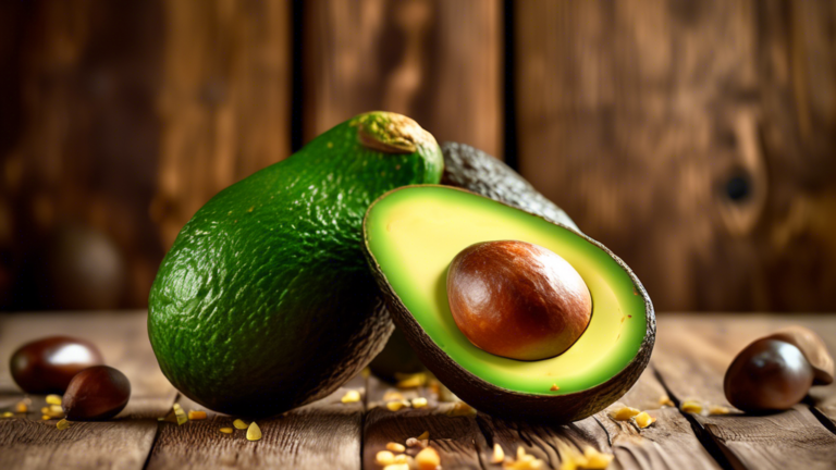 Prompt: A close-up shot of a perfectly ripe avocado cut in half, revealing its creamy, vibrant green flesh and a large brown seed, set against a rustic wooden background with a few whole avocados and