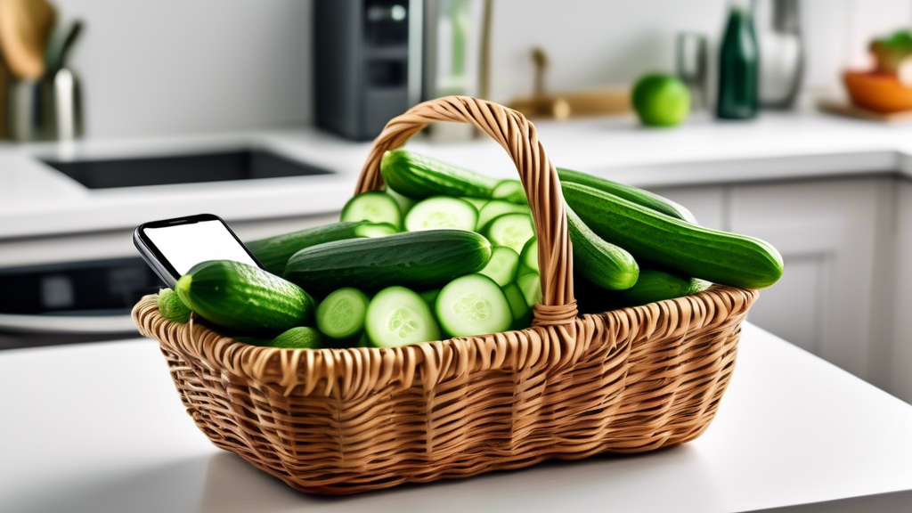 DALL-E Prompt: A high-quality photograph of a wicker basket filled with fresh, vibrant green cucumbers, some sliced to reveal their crisp interior, set against a bright, modern kitchen background with