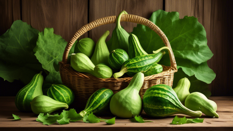 DALL-E Prompt:nA vibrant still life photograph of fresh green bitter gourds arranged in a wicker basket on a rustic wooden table, with a burlap sack and scattered green leaves in the background, showc