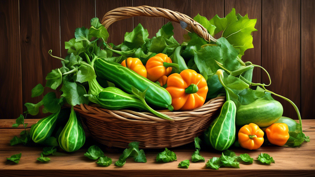 DALL-E Prompt: A vibrant still life featuring a basket overflowing with fresh, green ivy gourd (kundru) vegetables, set against a rustic wooden table. The image showcases the unique texture and shape