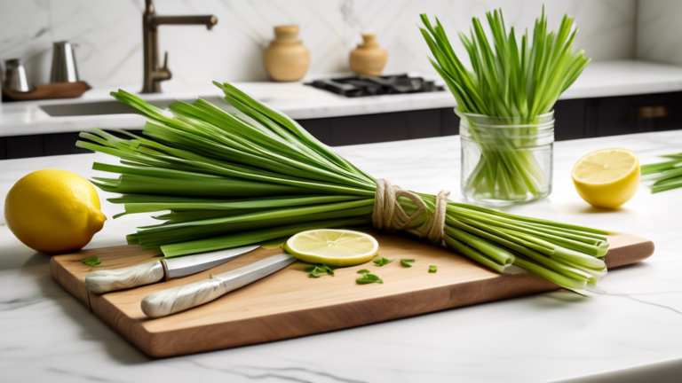DALL-E Prompt: A bundle of fresh, green lemongrass stalks tied together with twine, placed on a rustic wooden cutting board alongside a sharp knife, with a bright lemon and a mortar and pestle in the