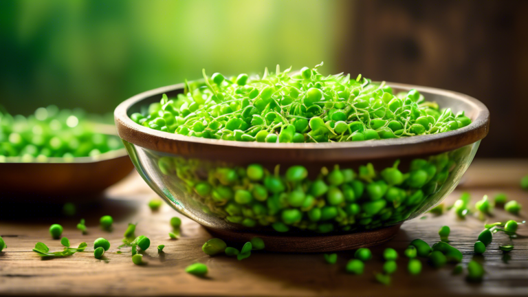 DALL-E Prompt: A close-up photograph of a bowl filled with fresh, vibrant green moong sprouts, glistening with water droplets. The bowl is placed on a rustic wooden table, with a blurred natural backg