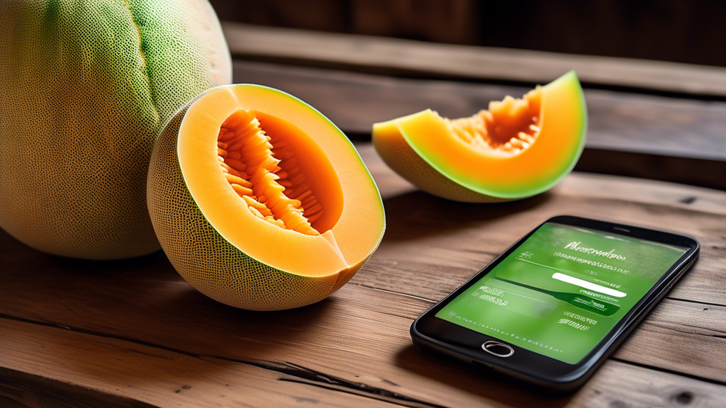 DALL-E Prompt:nA close-up view of a halved ripe muskmelon with vibrant orange flesh and a green rind, placed on a rustic wooden table. Beside the muskmelon, there is a smartphone displaying an e-comme