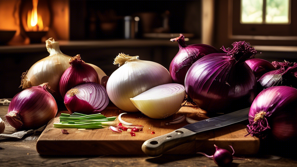 DALL-E Prompt:nA rustic wooden table with a colorful variety of fresh, whole onions scattered across its surface. In the background, a chef's knife, cutting board, and other kitchen essentials are vis