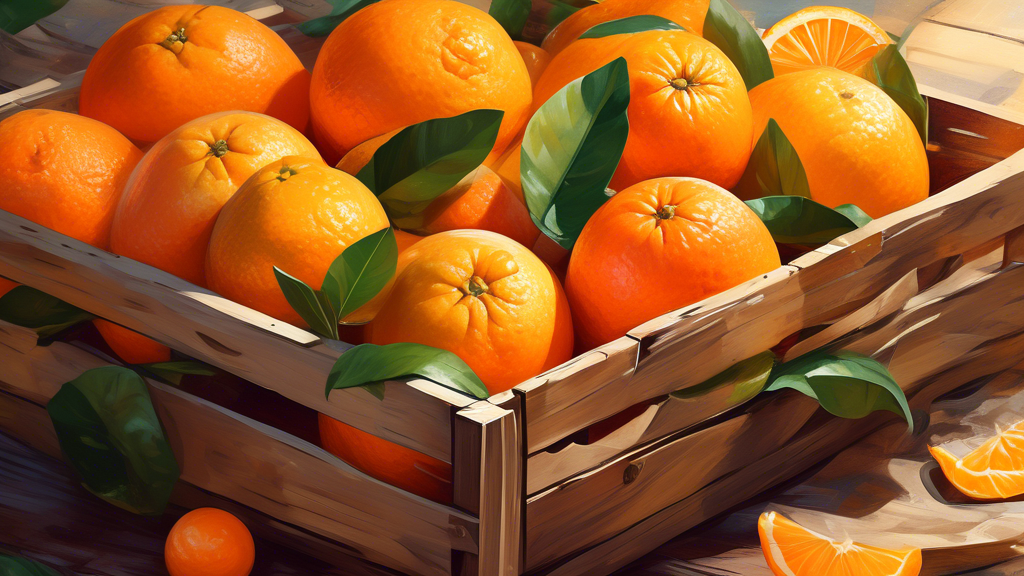 DALL-E Prompt: A close-up view of a wooden crate filled with vibrant, juicy oranges, with a few leaves and slices scattered around, all set against a rustic, sun-drenched background, conveying the fre