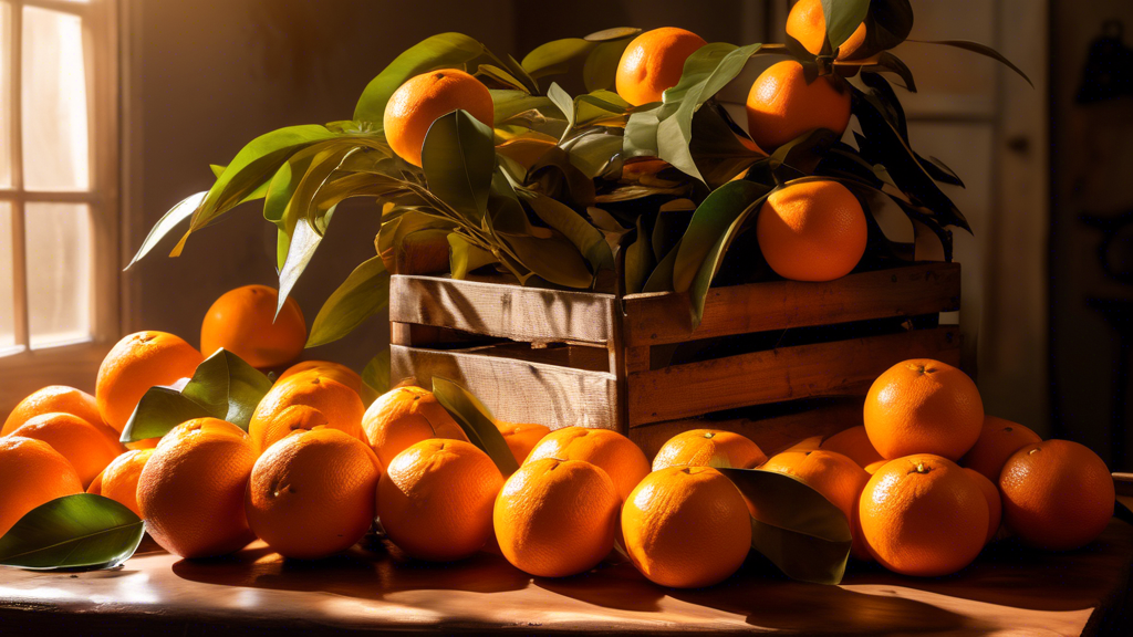 DALL-E Prompt: A vibrant still life featuring a wooden crate overflowing with ripe, juicy oranges. The crate is sitting on a rustic table with a few scattered leaves, and a bright sunbeam illuminates