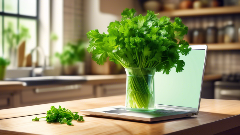 DALL-E prompt: A rustic wooden table with a bouquet of fresh green parsley in a clear glass vase, set against a bright, airy kitchen background with a laptop showing an online grocery store page featu