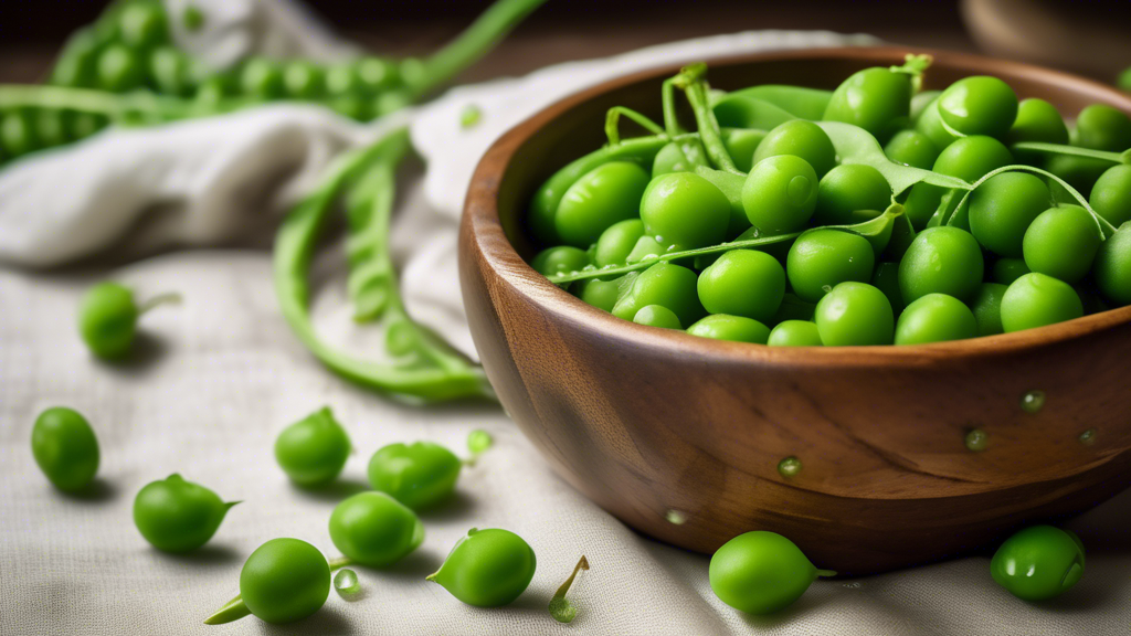 A close-up photograph of a rustic wooden bowl filled with bright green, fresh peas in their pods. The peas are glistening with droplets of water, indicating their freshness. The bowl is sitting on a l