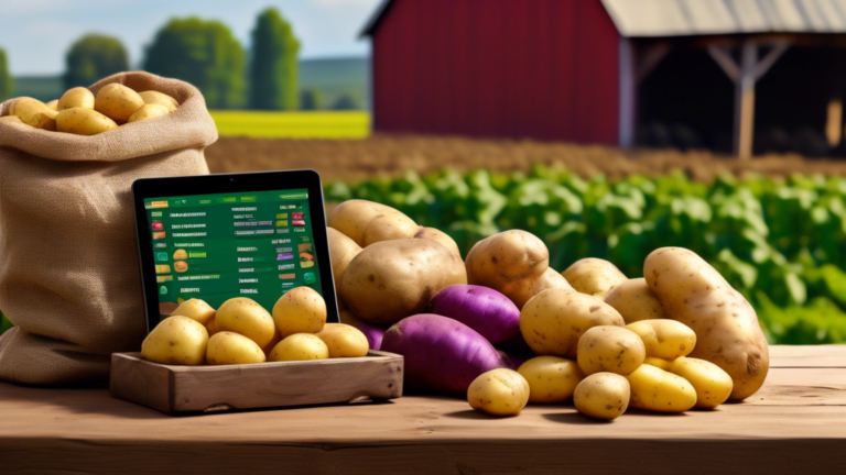 DALL-E Prompt:nA rustic wooden table with a burlap sack overflowing with fresh, organic potatoes of various sizes and colors - red, yellow, and purple. Beside the sack, a tablet displays an online gro