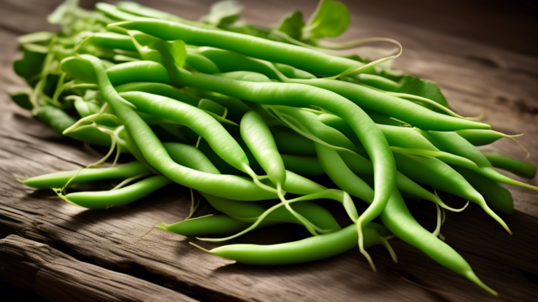 Prompt: A close-up photo of a bunch of fresh, bright green radish pods with their crisp, elongated shapes and slight curvature, arranged on a rustic wooden surface, showcasing their natural beauty and