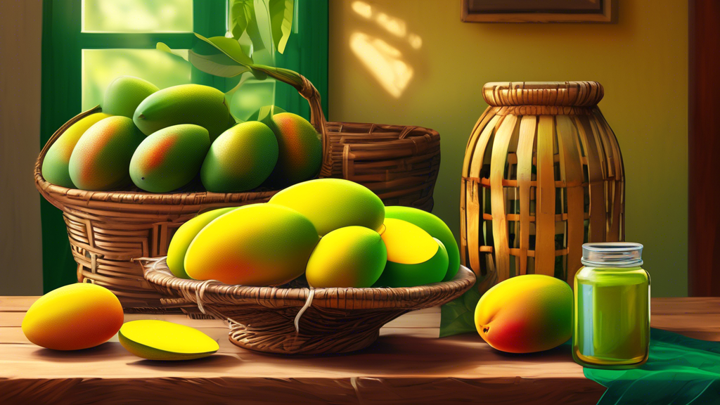 DALL-E Prompt: A vibrant still life featuring a woven basket filled with fresh, green raw mangoes on a rustic wooden table, with a few sliced mangoes revealing their tangy, juicy flesh, and a traditio