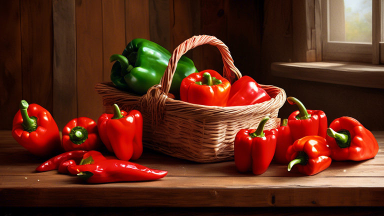 DALL-E prompt: A vibrant still life featuring a basket overflowing with fresh, bright red bell peppers, set against a rustic wooden table with a soft, natural light illuminating the scene, emphasizing